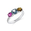 TRIBECA 18K white gold with diamonds, central LB topaz and tourmalines on the sides trilogy ring