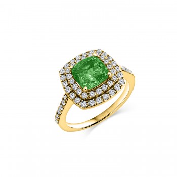 RIVER 18K yellow gold ring with double halo brilliant cut diamonds crowned by a cushion cut light green tourmaline