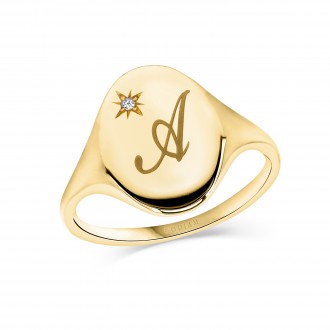 OVAL SIGNET 18K Yellow Gold with brilliant cut diamond and initial customized