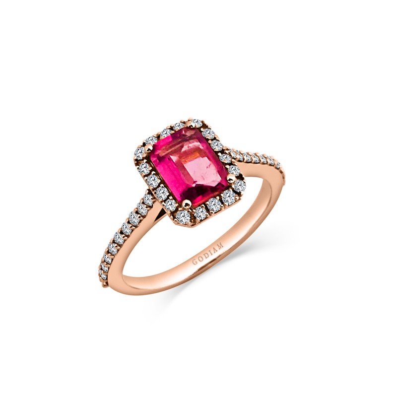 Anillo ALTEA en Oro Rosa de 18K con diamantes talla brillante y turmalina rosa
