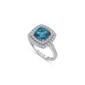 RIVER 18K white gold with brilliant cut diamonds double halo crowned by a cushion cut London Blue topaz