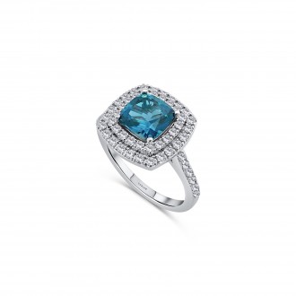 RIVER 18K white gold with brilliant cut diamonds double halo crowned by a cushion cut London Blue topaz