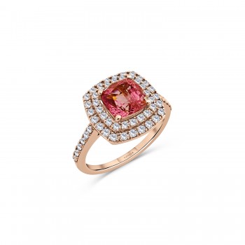 Anillo RIVER en oro rosa de 18K con doble halo de diamantes talla brillante y una turmalina rosa talla cojín