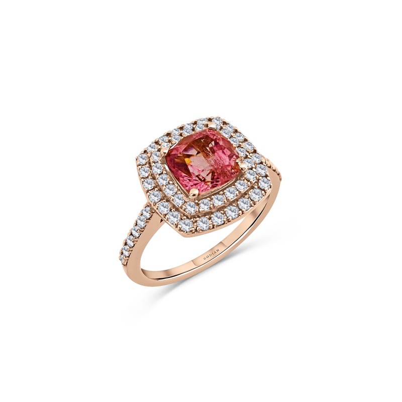 Anillo RIVER en oro rosa de 18K con doble halo de diamantes talla brillante y una turmalina rosa talla cojín