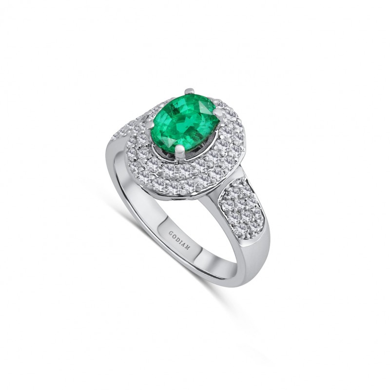 LEILONIE 18K white gold with pave brilliant cut diamonds crowned by an oval cut colombian emerald