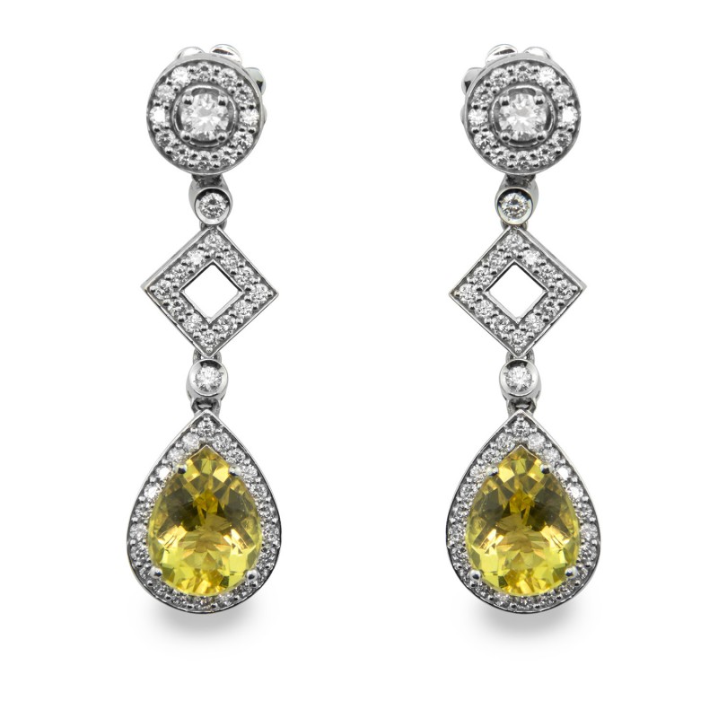 Pendientes AIDA en Oro Blanco de 18K con diamantes y berilos amarillos
